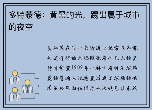 多特蒙德：黄黑的光，踢出属于城市的夜空