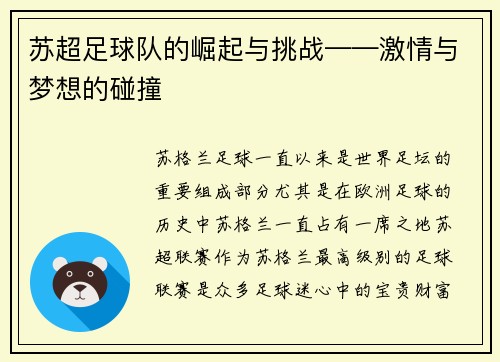 苏超足球队的崛起与挑战——激情与梦想的碰撞