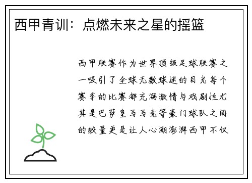 西甲青训：点燃未来之星的摇篮