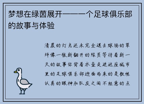 梦想在绿茵展开——一个足球俱乐部的故事与体验